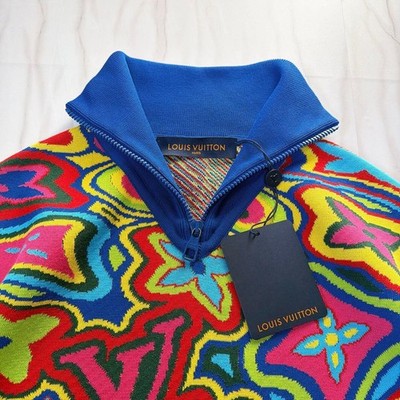 LOUIS VUITTON DISTORTED HALF-ZIP KNIT SWEATER MONOGRAM DAMIER WHITE BLUE SIZE M
