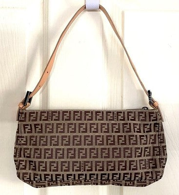 FENDI FF PATTERN ZUCCHINO ZUCCA LOGO TOP HANDLE BAG, LEATHER, BROWN, WOMEN ITALY