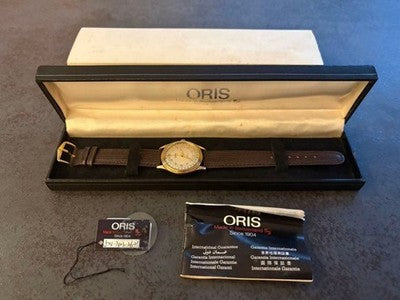 ORIS 7403 17 JEWELS AUTOMATIC MEN'S WATCH GOLD TONE 33MM LEATHER SWISS MADE BOX