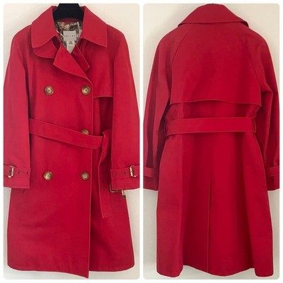 CELINE RED COTTON TRENCH COAT BELT SCARF HANGER SET SIZE S FRANCE MADE