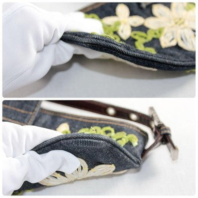 FENDI DENIM BAGUETTE SHOULDER BAG NAVY EMBROIDERED FLOWER EXCELLENT