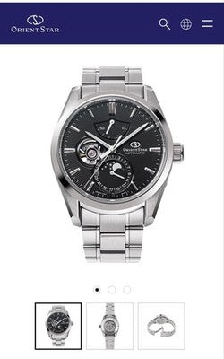 ORIENT STAR RK-AY0001B MOON PHASE WATCH, COMPLETE WITH ALL ACCESSORIES.