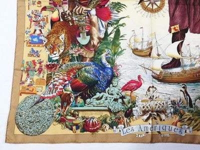 HERMES CARRE 90 LES AMERIQUES COLOMBUS SILK SCARF BROWN INDIAN