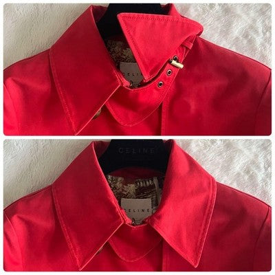 CELINE RED COTTON TRENCH COAT BELT SCARF HANGER SET SIZE S FRANCE MADE