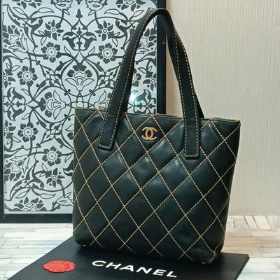 CHANEL WILD STITCH HANDBAG TOTE BAG CALFSKIN BLACK COCO MARK AUTHENTIC