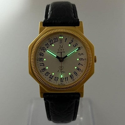 ISHIHARA 18KGP GMT QUARTZ MEN'S WRISTWATCH 24-HOUR CALENDAR JAPAN MADE