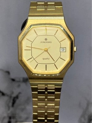 JUNGHANS EWJ-1006M QUARTZ MEN'S WRISTWATCH VINTAGE DIAL GOLD OCTAGONAL CASE