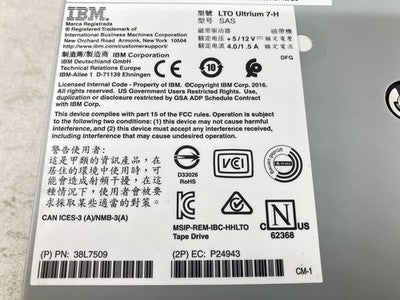 IBM LTO ULTRIUM 7-H SAS INTERNAL TAPE DRIVE LTO-7 6TB/15TB 38L7509 USED
