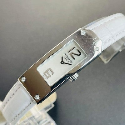 HERMES KELLY 2 KT1.230 QUARTZ WHITE SHELL 4P DIAMOND SILVER STEEL WATCH USED