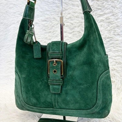 COACH OLD COACH SUEDE HOBO ONE SHOULDER BAG GREEN LEATHER TASSEL BAG