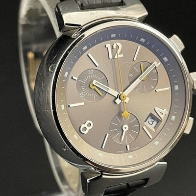 LOUIS VUITTON TAMBOUR CHRONOGRAPH Q1322 QUARTZ GOLD DIAL LEATHER LADY'S WATCH