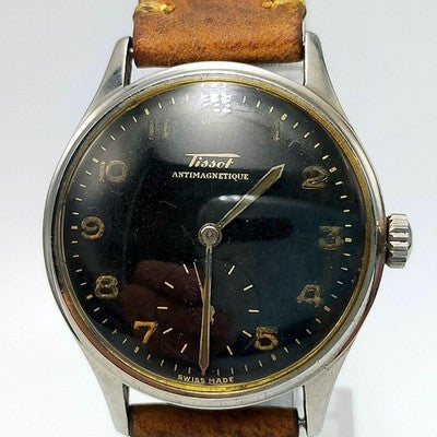 TISSOT ANTIMAGNETIQUE HAND-WINDING WATCH BLACK DIAL SMALL SECONDS RARE 1940S
