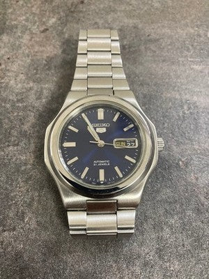 SEIKO 5 SNKK45 SUNBURST BLUE AUTOMATIC SILVER DIAL & BAND WATCH WORKING
