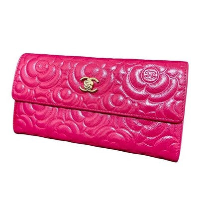 CHANEL CAMELLIA EMBOSSED CAVIAR SKIN LONG WALLET PINK GOLD HARDWARE
