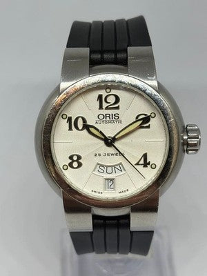 ORIS 7522-41 AUTOMATIC DAY DATE SILVER DIAL RUBBER STRAP MEN'S WATCH SWISS