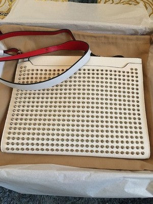 CHRISTIAN LOUBOUTIN SKY POUCH SPIKE STUDS WHITE CLUTCH BAG MINT
