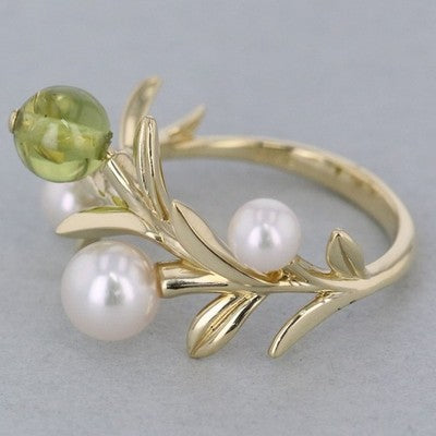 MIKIMOTO OLIVE PEARL RING 750 YELLOW GOLD LEAF MOTIF PEARL JEWELRY WITH BOX