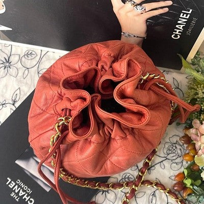 CHANEL MATELASSE LAMBSKIN DRAWSTRING CHAIN SHOULDER BAG RED QUILTED COCO MARK