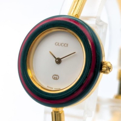 GUCCI 1100L BANGLE WATCH GOLD WHITE DIAL CHANGEABLE BEZEL QUARTZ LADIES RARE