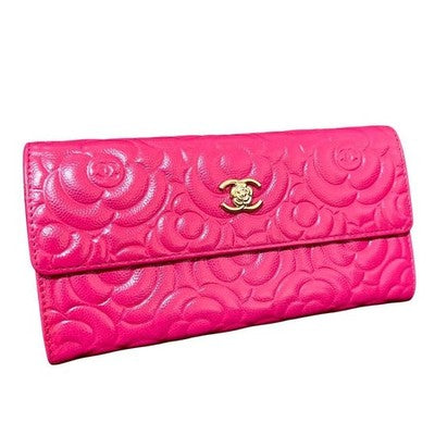 CHANEL CAMELLIA EMBOSSED CAVIAR SKIN LONG WALLET PINK GOLD HARDWARE