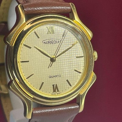AUREOLE QUARTZ MEN'S WRISTWATCH 90S VINTAGE ROUND FACE LEATHER STRAP BAMBI