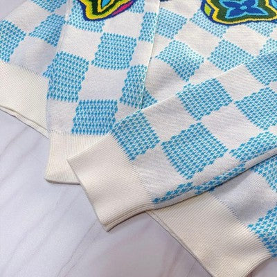 LOUIS VUITTON DISTORTED HALF-ZIP KNIT SWEATER MONOGRAM DAMIER WHITE BLUE SIZE M