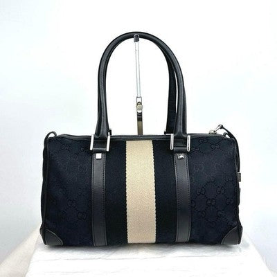 GUCCI MINI BOSTON BAG SHERRY LINE GG CANVAS BLACK LEATHER HANDBAG