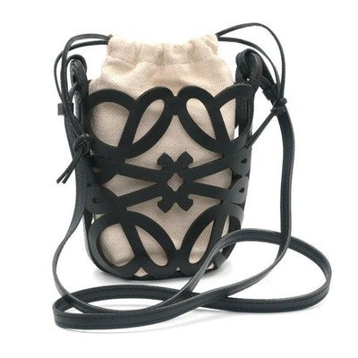 LOEWE ANAGRAM CUTOUT SHOULDER BAG C922Y62X07 BLACK NATURAL CANVAS LEATHER
