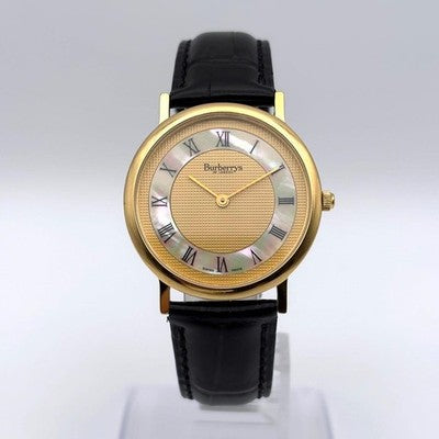 BURBERRY MEN'S QUARTZ GOLD SHELL ROMAN WRISTWATCH ROUND FACE LEATHER BELT