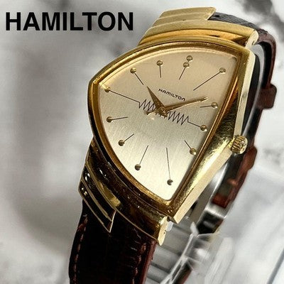 HAMILTON VENTURA 6250 MEN'S GOLD QUARTZ WATCH BROWN LEATHER BELT VINTAGE