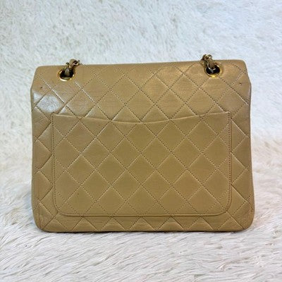 CHANEL MATELASSE LAMBSKIN BEIGE SHOULDER BAG TURN LOCK W FLAP AUTH CARD VTG