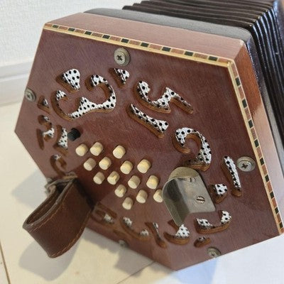 DECORATIVE CARVED WOOD ENGLISH CONCERTINA ACCORDION - HEXAGONAL SHAPE