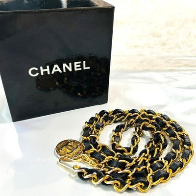 CHANEL BELT AUTH GOLD PLATE MEDAL BLACK LEATHER KENKENJP COIN 98CM CHAIN COCO CC