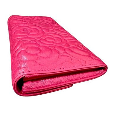 CHANEL CAMELLIA EMBOSSED CAVIAR SKIN LONG WALLET PINK GOLD HARDWARE