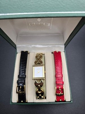 GUCCI 1800L VINTAGE WATCH W/ 2 EXTRA STRAPS & BOX GOLD PLATED SWISS
