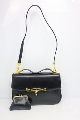 CHRISTIAN DIOR BLACK LEATHER SHOULDER BAG GOLD HARDWARE COIN PURSE