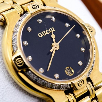 GUCCI 9200L DIAMOND BEZEL 11P DIAMONDS QUARTZ GOLD BLACK WATCH 3242