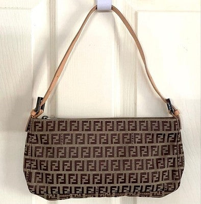 FENDI FF PATTERN ZUCCHINO ZUCCA LOGO TOP HANDLE BAG, LEATHER, BROWN, WOMEN ITALY