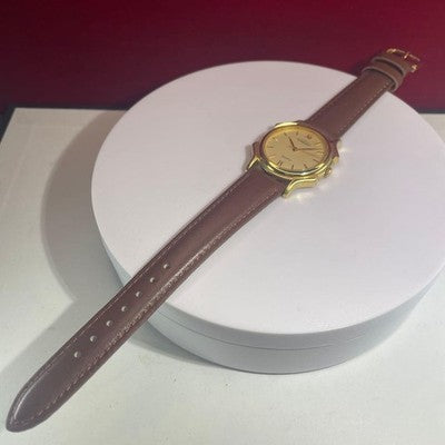 AUREOLE QUARTZ MEN'S WRISTWATCH 90S VINTAGE ROUND FACE LEATHER STRAP BAMBI