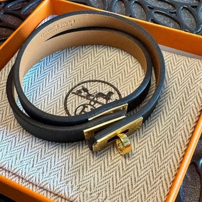 HERMES MINI KELLY DOUBLE TOUR LEATHER BRACELET NOIR GOLD HARDWARE T3 NEW