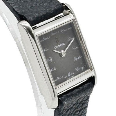 CORUM TANK SQUARE 15158 MANUAL WINDING GRAY DIAL BLACK LEATHER LADYS WATCH USED