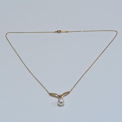 MIKIMOTO PEARL & DIAMOND NECKLACE 18K YELLOW GOLD 7MM PENDANT 40CM CHAIN W/ BOX