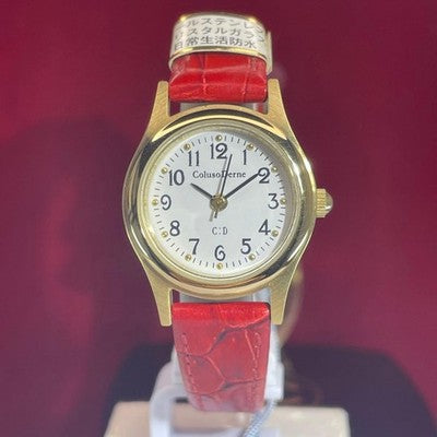COLUSO DERNE QZ LADIES WRISTWATCH 90S VINTAGE ROUND FACE WHITE DIAL LEATHER BELT