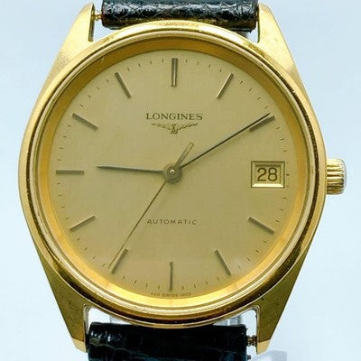 LONGINES 1663 AUTOMATIC DATE MEN'S VINTAGE GOLD DIAL ROUND WATCH BLACK STRAP