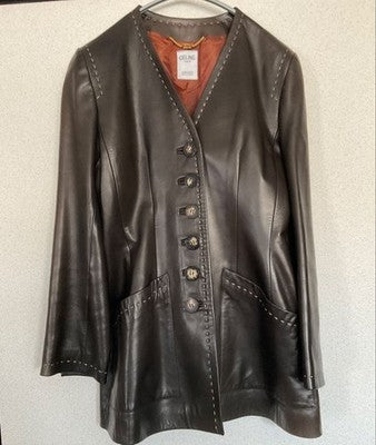 CELINE LAMBSKIN COLLARLESS LEATHER JACKET BROWN WOMEN VINTAGE EXCELLENT CLEAN OK
