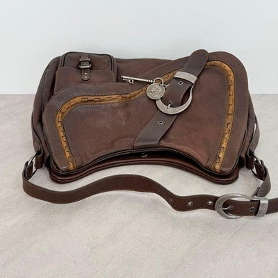 CHRISTIAN DIOR GAUCHO SADDLE BAG JOHN GALLIANO BROWN LEATHER AUTH GOOD