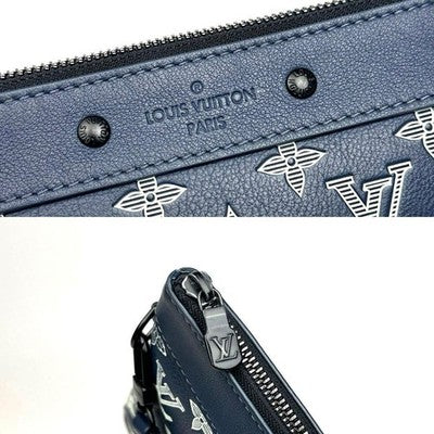 LOUIS VUITTON MONOGRAM SHADOW POCHETTE TO GO M83382 CLUTCH BAG NAVY BLACK