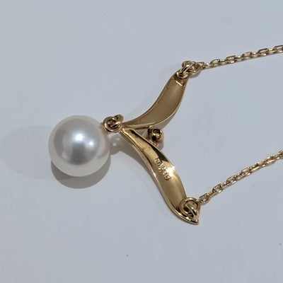MIKIMOTO PEARL & DIAMOND NECKLACE 18K YELLOW GOLD 7MM PENDANT 40CM CHAIN W/ BOX