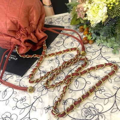 CHANEL MATELASSE LAMBSKIN DRAWSTRING CHAIN SHOULDER BAG RED QUILTED COCO MARK