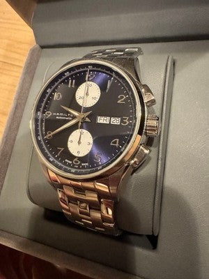 HAMILTON JAZZMASTER MAESTRO AUTO CHRONO H32576141 41MM BLUE DIAL STEEL WATCH